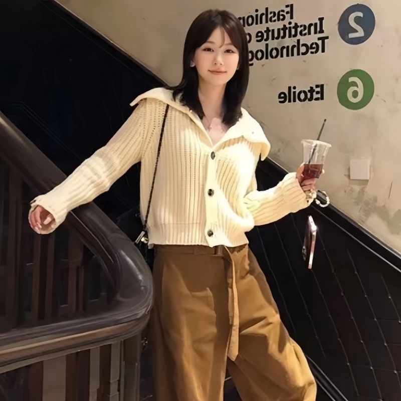 Fashion Autumn and Winter New Women's Lapel Long-sleeved Knitted Sweater Elegant Loose Casual Office Versatile Women's Jacket