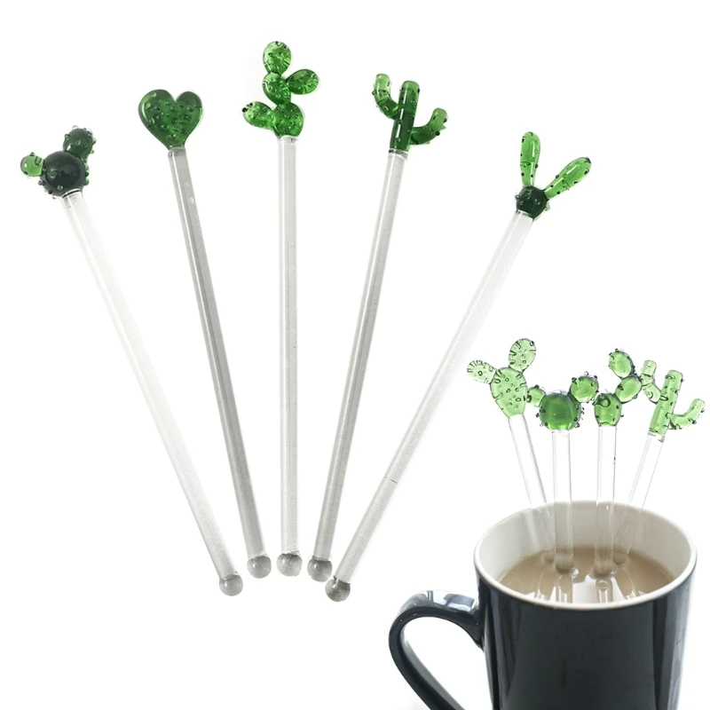 Novel Swizzle Sticks Glass Coffee Stirrers Cactus Shape Stirring Sticks Reusable Stirrers Stir Cocktail Drink 87HA, cocktail stir sticks