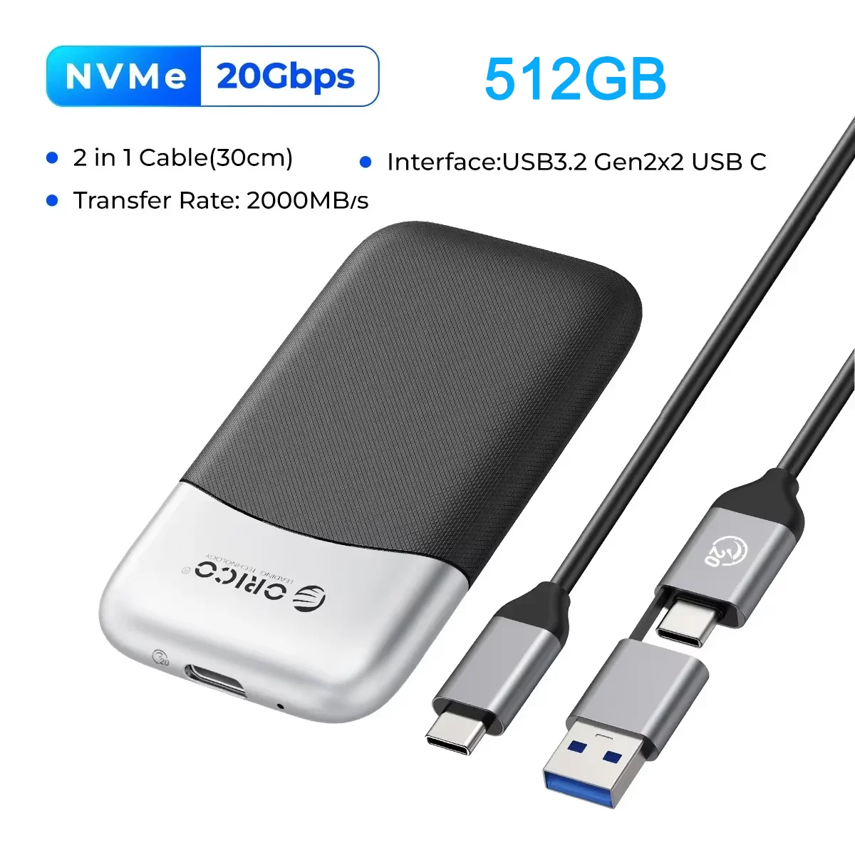 ORICO 新型ポータブルSSD 20Gbps 10Gbps 512GB 1TB 2TB 外付けSSD USB