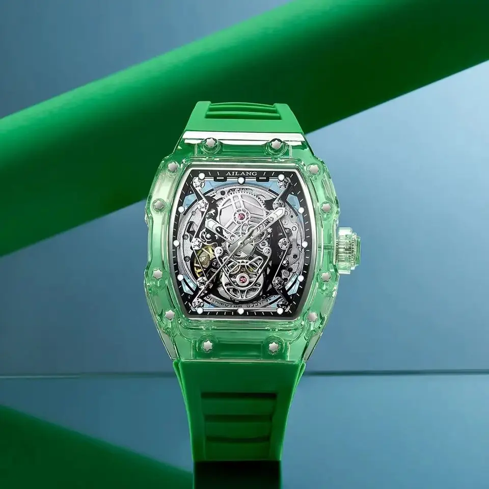 Ailang-relógio de Pulso Turbilhão Mecânico Masculino Forma de Barril Relógio Luminoso Automático para Menino Pulseira de Silicone Novo 2023