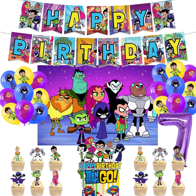 

Teening Titans Go Birthday Party Decoration Set Banner Cake Topper Doraemon Foil Balloon Backdrop Party Decoration