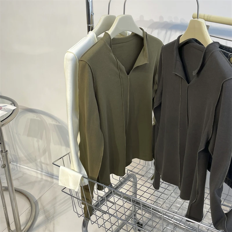 Women's Long-Sleeved Flanging Collar Bottoming Shirt Elegance Retro Solid Color Top Autumn and Winter Undershirt