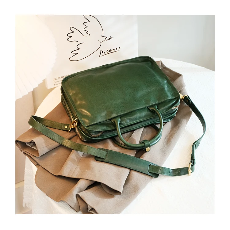 Vintage Luxus handgefertigte echtes Leder große Kapazität Damen Aktentasche Modedesigner Erste Schicht Rindsleder Laptop Handtasche – Detail 1