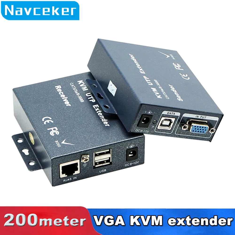 Best 200m VGA Extender RJ45 1080P VGA KVM Extender USB Over Cat5 Cat5e Cat6 Cable Keyboard Mouse Transmitter Receiver