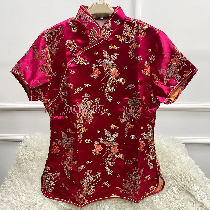 새로운 자카드 꽃 당나라 의류 여성 패션 Qipao 탑 빈티지 개선 Cheongsam 새틴 셔츠 탑 버튼 다운 착용 Plussize