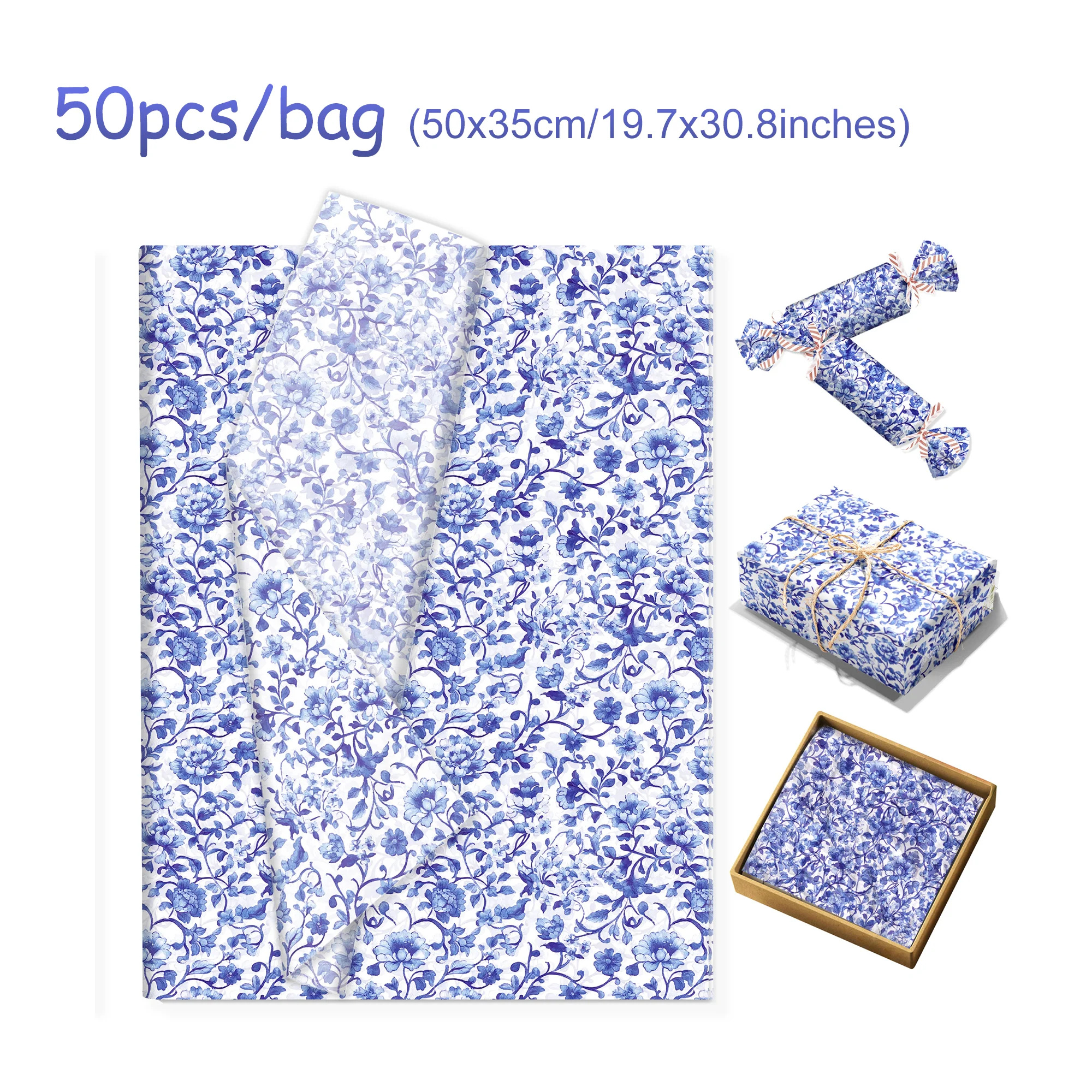 20/50 Stück blaues und weißes Porzellan-Seidenpapier, Geschenkbox-Geschenkpapier für Geburtstagsdekoration, Geschenkverpackungspapier, Partyzubehör – Detail 8