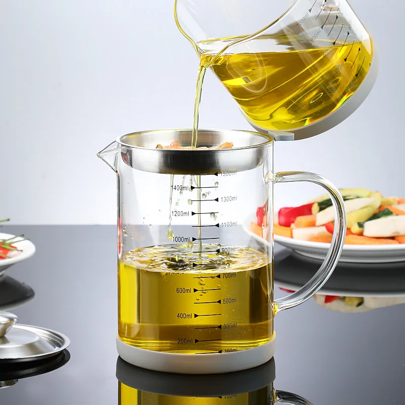 Large capacity leak proof kitchen Oil filter pot with 304 stainless steel filter mesh glass oil storage tank residue oil bottle