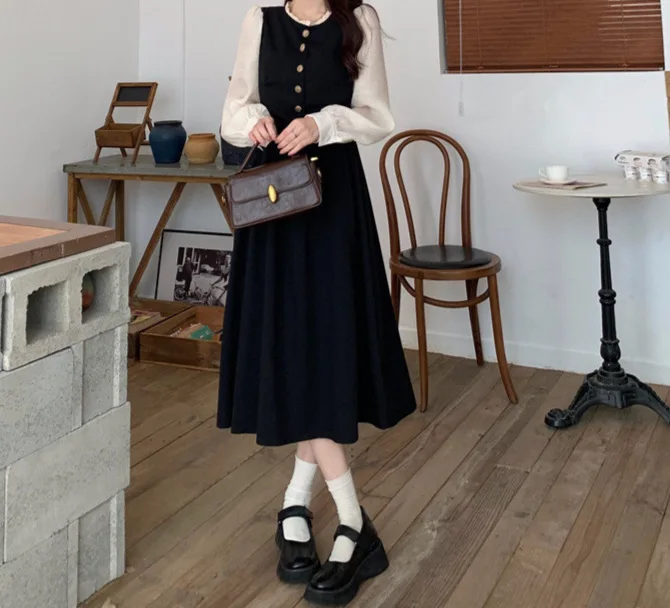 Plus Size New Arrival Dress Women Early Autumn Color Block Splice Slimming Midi Skirt Trendy Knitted Fabric Long Sleeve