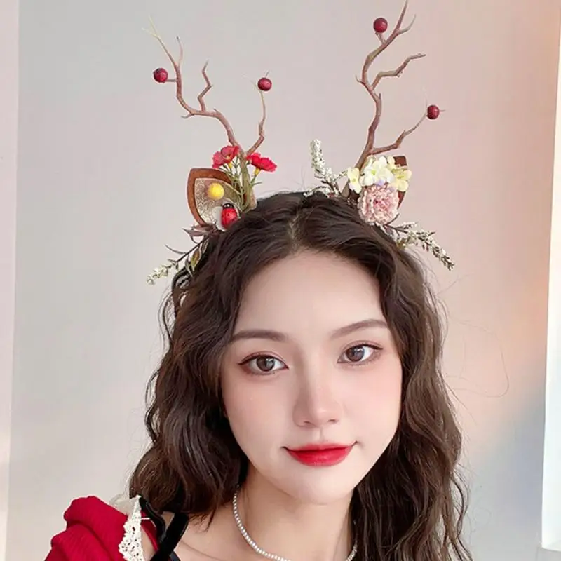 Christmas Antler Headband Fairy Flower Berry Tree Branch Cosplay Hairband Festival Party Props