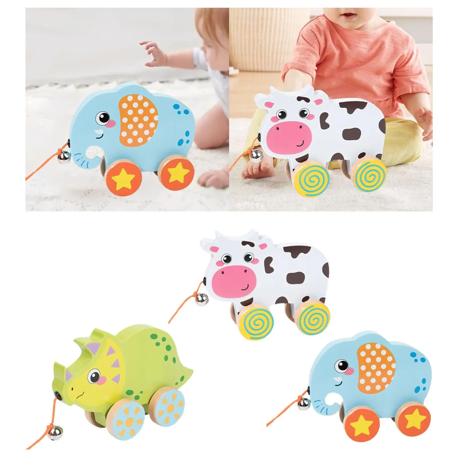 Wooden Pull Along Toddlers Toys, Animal Walking Pull Toy, Developmental Toys for