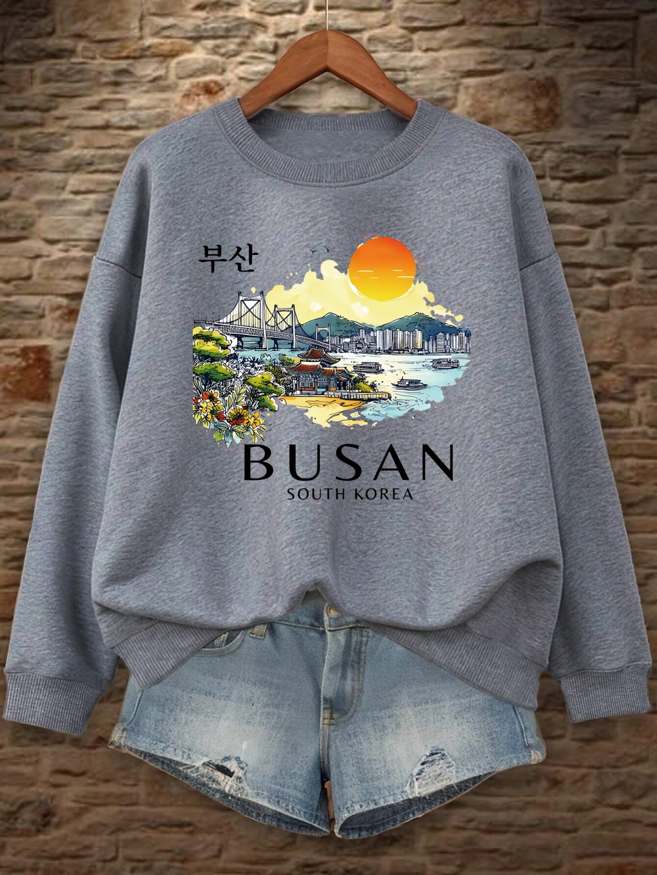 Busan Südkorea Druck Frauen Sweatshirt Fleece Bequeme Pullover Herbst Oansatz Streetwear Lose Beiläufige Frau Kleidung – Detail 10