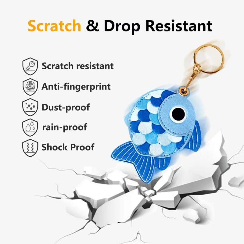 Luxurious Leather Smart Tag Holder Keychain with Key Rings and Cute Fish Design