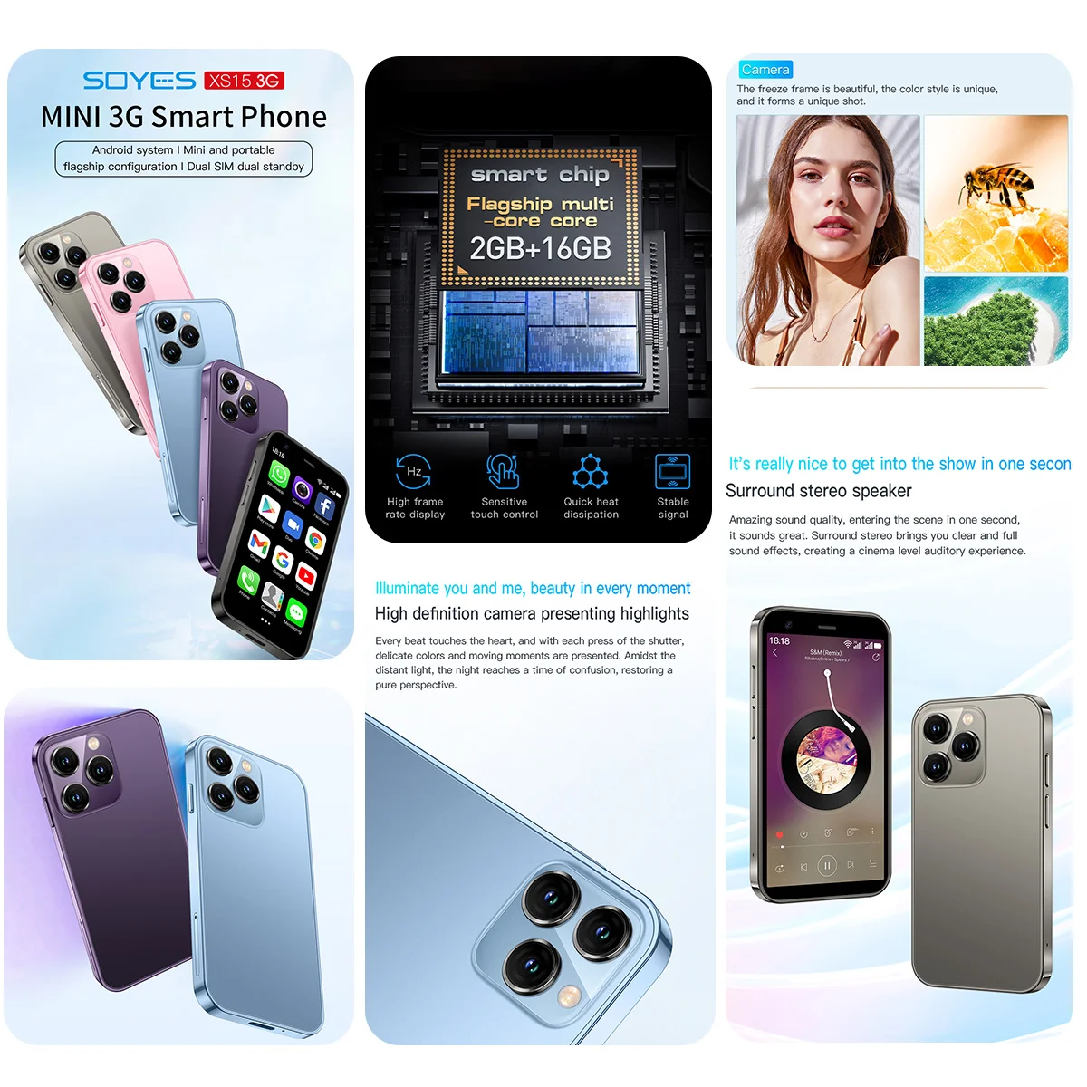 SOYES XS15 Mini Smartphone 3.0 Inch Display 2GB RAM 16GB ROM Dual SIM Standby Play Store 3G Little Size Smartphone 2
