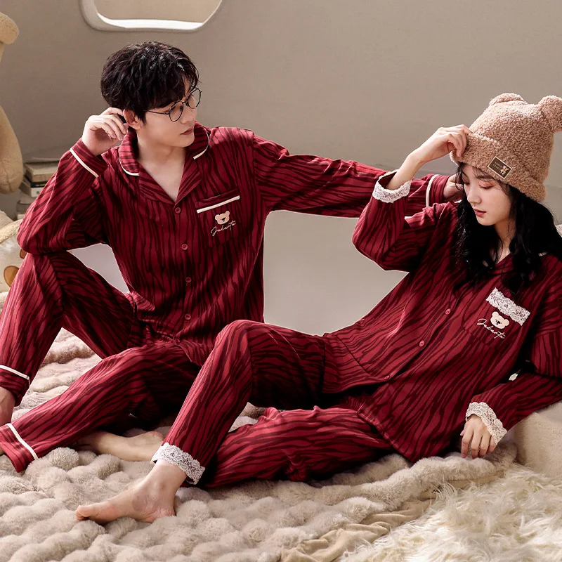 95% Cotton Couples Cardigan Sleepwear Korean Fashion Cardigan Pajamas Set For Women and Men Matching Loungewear Dropship