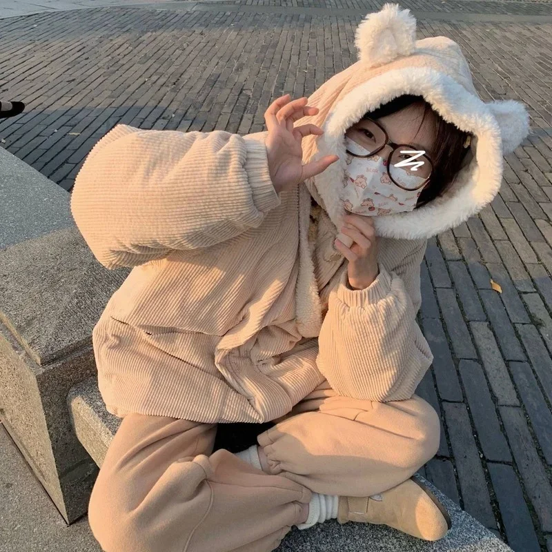  New Winter Cotton Jacket Women's Corduroy Jacket  New Thick Cute Embroidery Bear Snowman with Ears Hooded Cotton Jacket