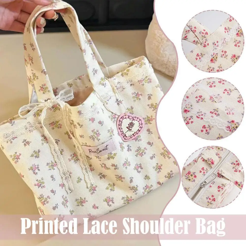 New Korean Large Capacity Floral Canvas Tote Bag Mori Floral Shoulder Bag Unique Design For Women Casual Outfit Model I8F0