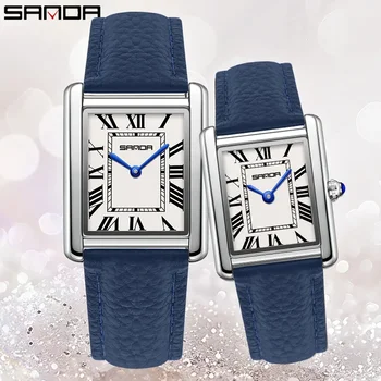 SANDA New Couple Tank Watches Wear Resistant Leather Strap Luxury Square Dial Waterproof Sports Casual Men Women Quartz Watches