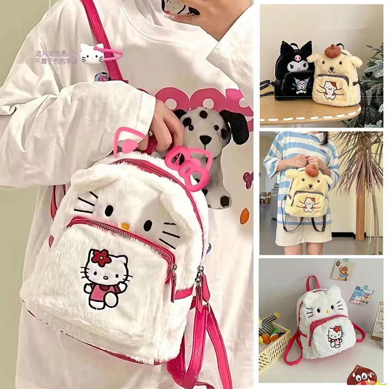 

Sanrios Kawaii Hellokitty Kuromi Pompom Purin Cartoon Anime Plush Backpack Yk2 Doll Toy Casual Women Shoulder Bag Girlfriend