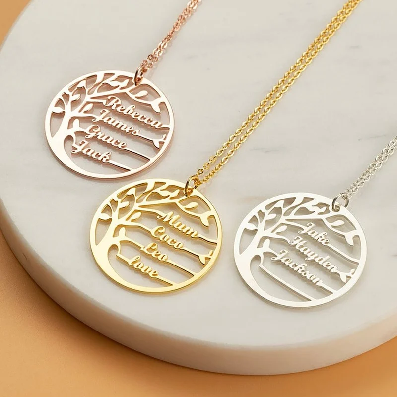 Custom Tree of Life Necklace for Women Stainless Steel Family 1-4 Names Round Pendant Necklaces Jewelry Parents Christmas Gifts