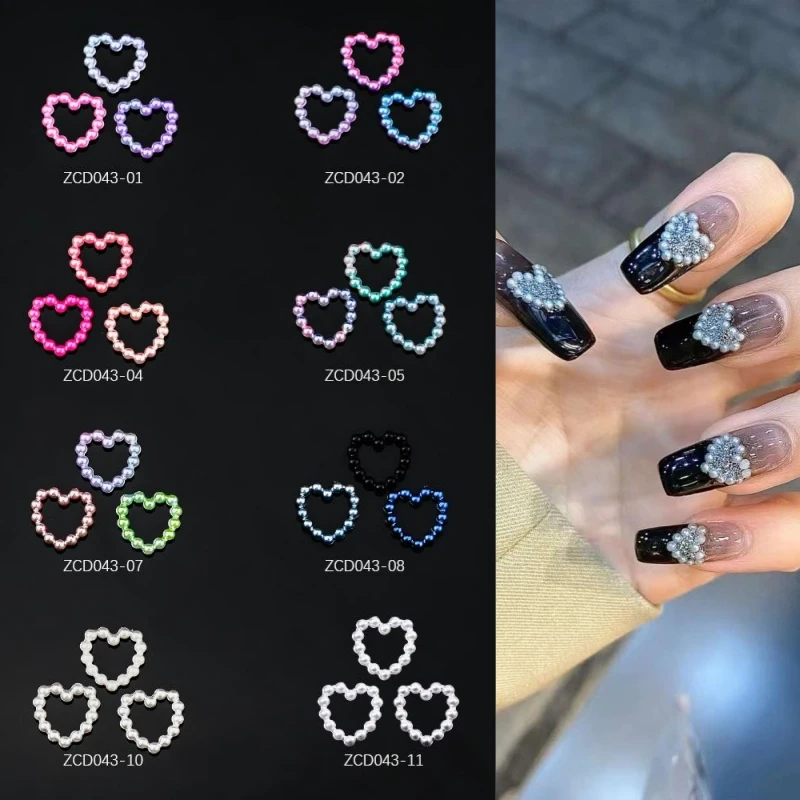 

100Pcs/Bag Hollow Heart Pearl Nail Art Charms 10x11mm White Rhinestones Pearl DIY Nail Art Decorations Colorful Gems Jewelry #11