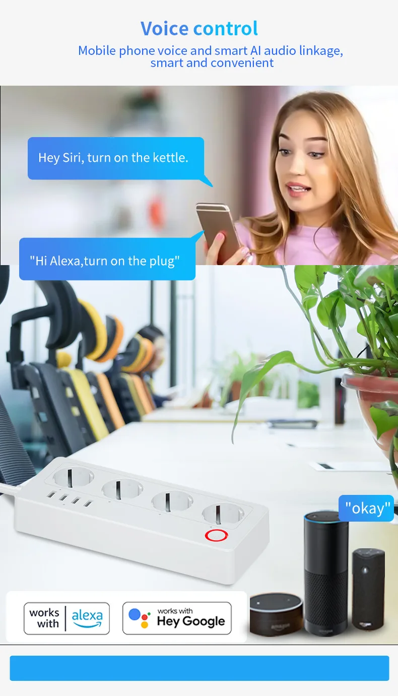 TUYA Smart Power Strip WiFi Socket EU 16A With Power Monitor Timing Function USB