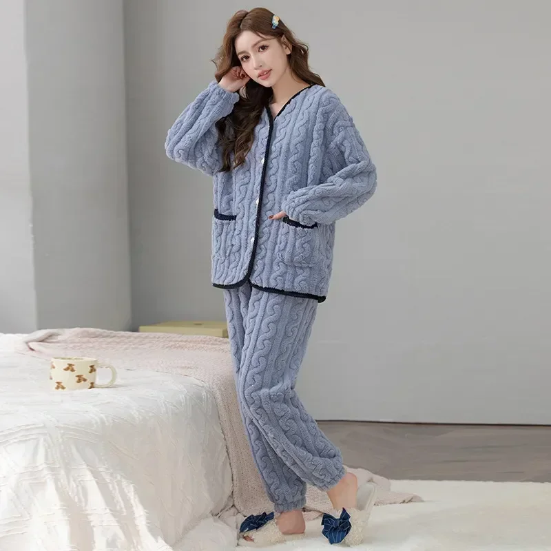 

Sets for Pyjama Top Women Flannel Suit Autumn Pj Pijama Winter Trousers Casual Warm Pajamas Two Sleep Homewear Sleeve Long Piece