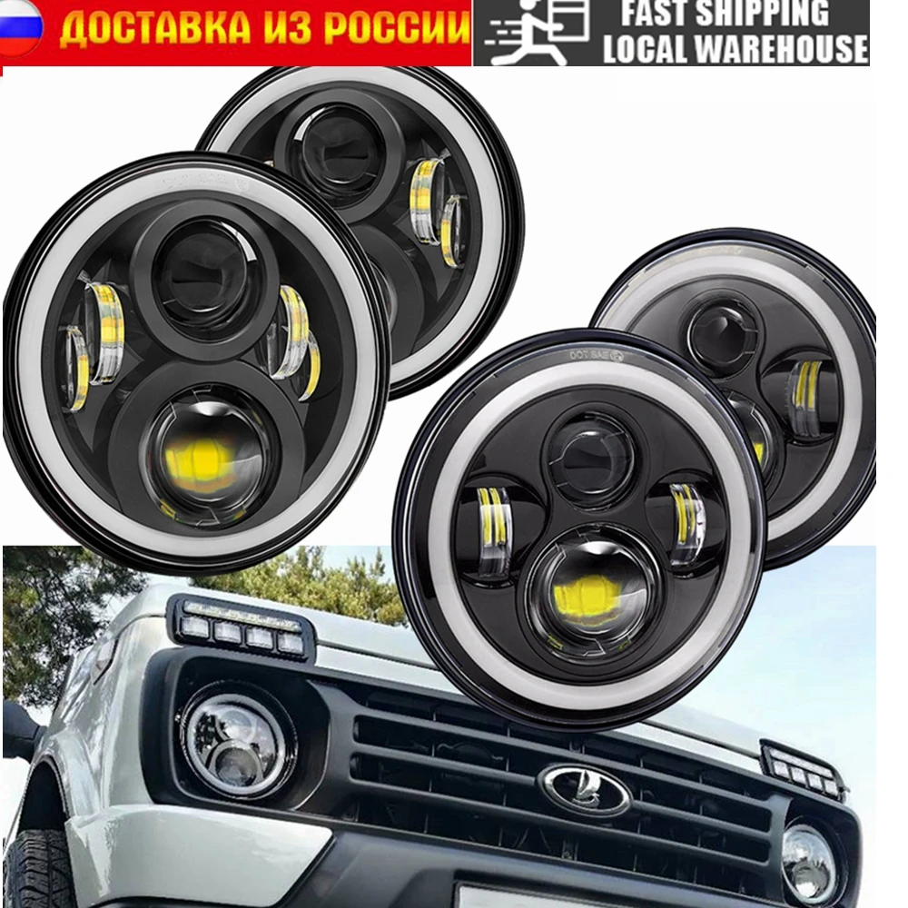 Kaufe H4 7 zoll Auto Led-scheinwerfer Off-Road-Auto Led Lampe H4 Led  Scheinwerfer Halo Angel Eyes Für Lada Niva 4X4 UAZ Hunter Auto Zubehör 12V  24V