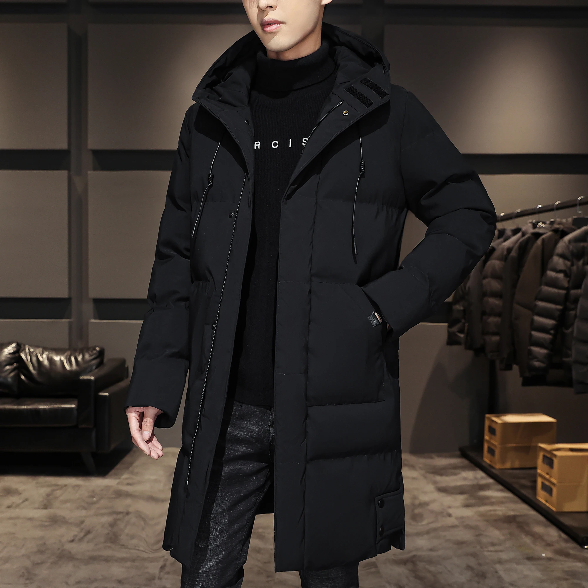 Long Cotton-padded Coat Warm Simple Solid Color Thin Look