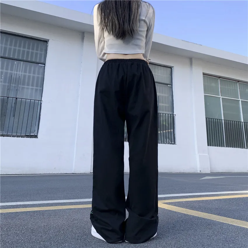 Spring Summer Green Graffiti Black Pants Women Men Harajuke Streetwear Loose High Waist Drawstring Wide Leg Pants Tide