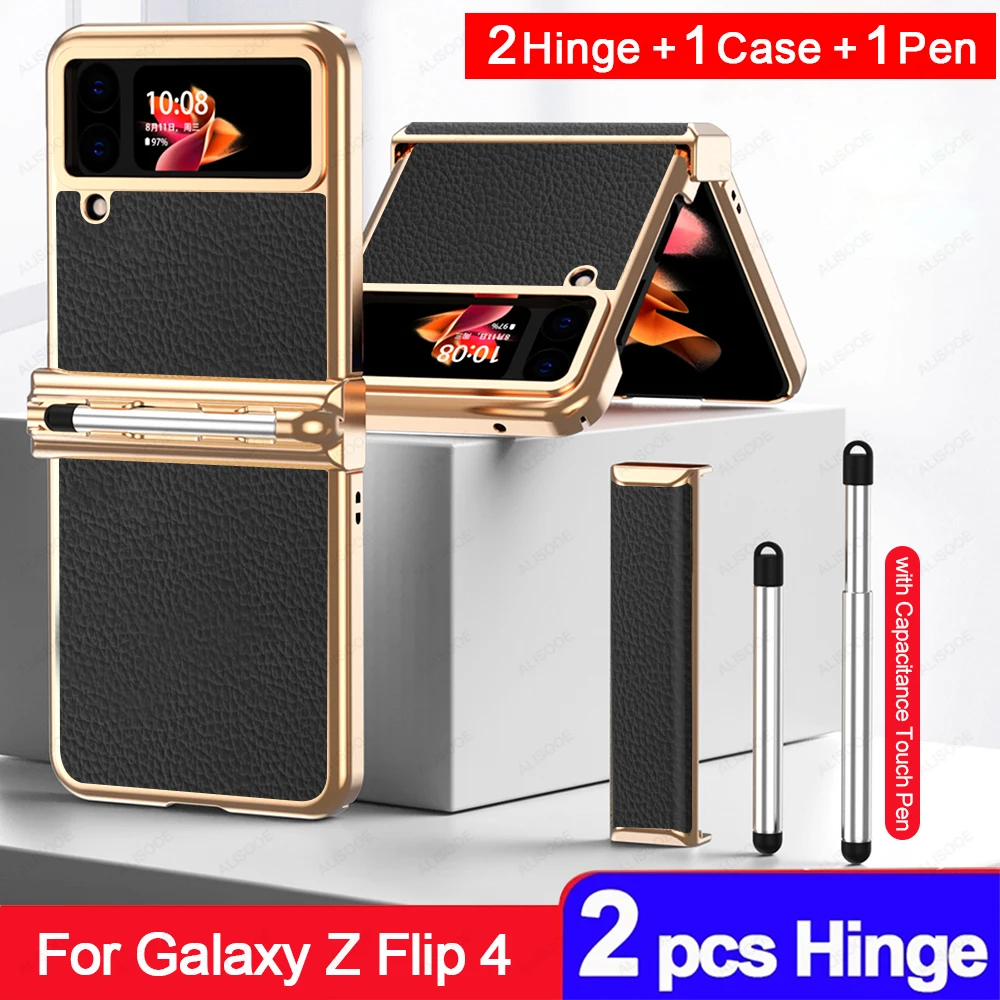 

With Touch Pen for Samsung Galaxy Z Flip 4 5G Case 2 Pcs Hinge Pen Slot Plating Leather Cover for Samsung Z Flip 4 Flip4 Capa