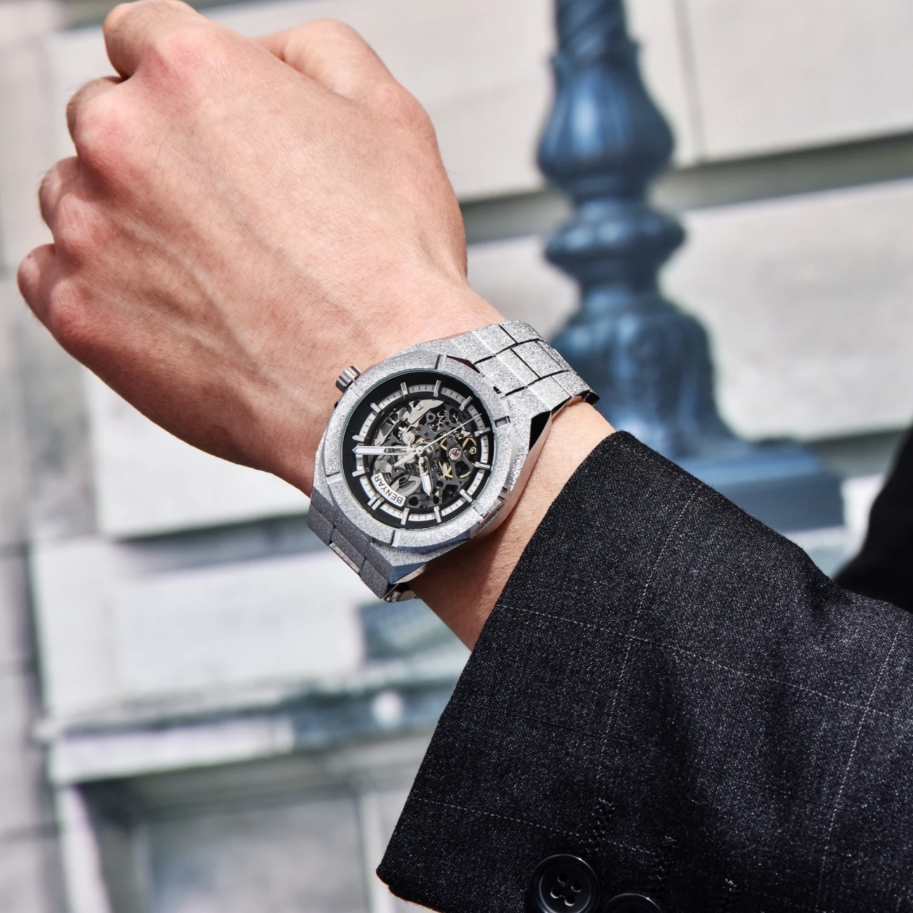 New BENYAR Men's Watch 3D Gemstone Hollow Automatic