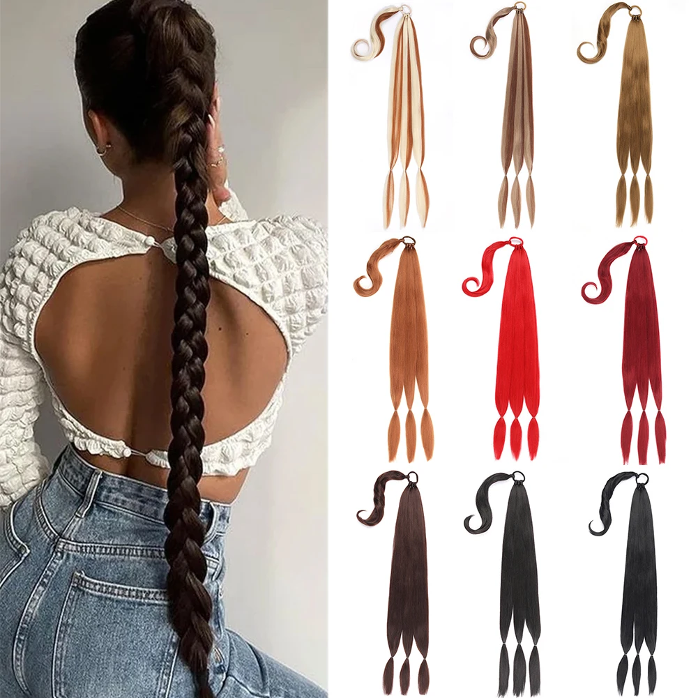 Long DIY Braided Ponytail Extension with Hair Tie Straight Wrap Around Hair Extensions Ponytail Natural Soft Synthetic fake hair extensions