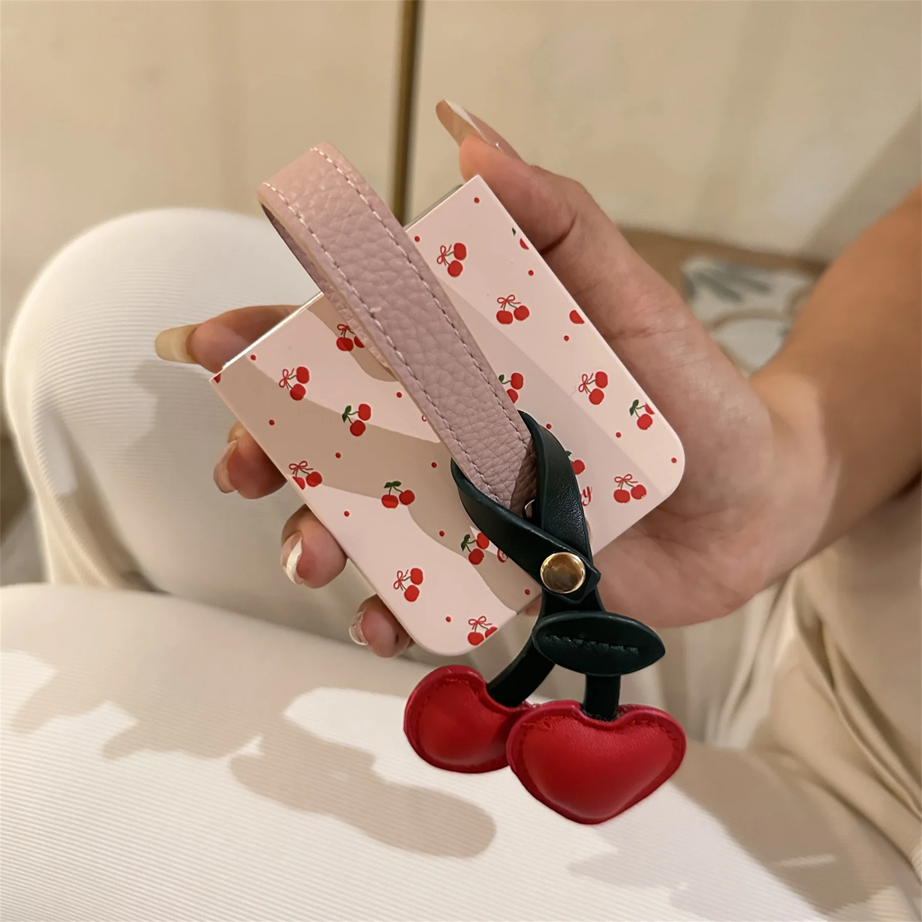 Chic Sweet Pink Case with Wristband and Cherry Pendant
