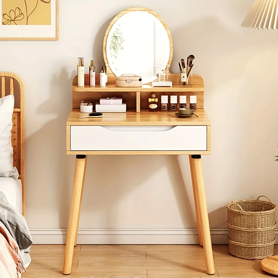 Elegant Hardwood Vanity with Oval Mirror & Storage Drawers - Freestanding Makeup Dressing Table for Bedroom, Hotel, Studio - 68.58cm Height, 3.2 Cu Ft Storage, Easy Assembly, No Power Needed, Mirror for Bedroom, Natural Wood Finish