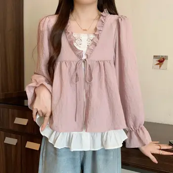 2025 Abbigliamento autunnale Nuovo alla moda e versatile dimagrante falso in due pezzi a maniche lunghe versatile camicia esterna Top per le donne 1