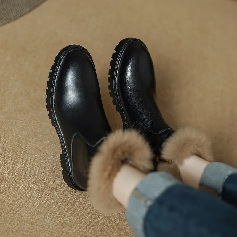 

Women Ankle Boots Rabbit Fur Cowhide Winter Boots Side Zip Spring Autumn Ladies Shoes Cow Suede Round Toe Short Shoes