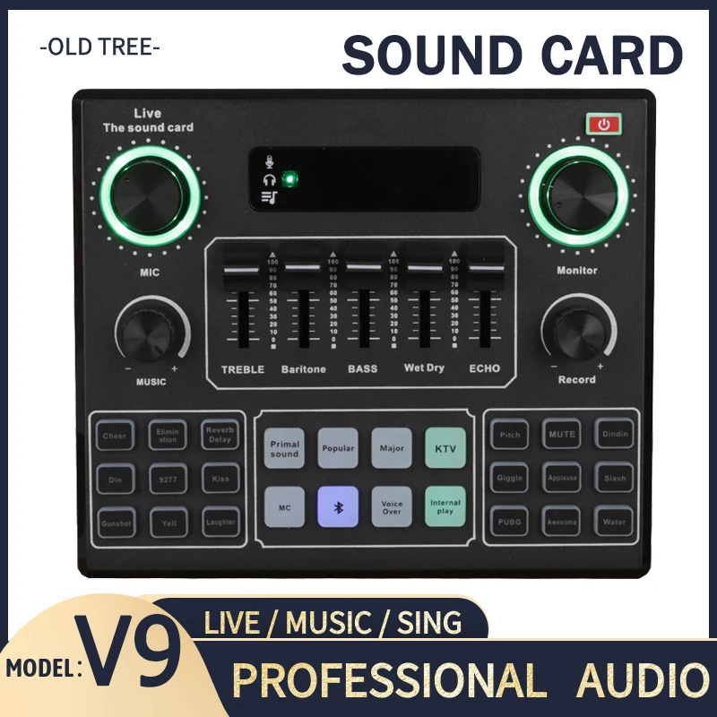 

V9 Bluetooth Sound Card Mixer Microphone Audio Performance Recording Webcast Game Live Studio Karaoke for Headset Phone Computer