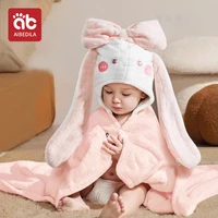 AIBEDILA Newborn Baby Hooded Cloak Bath Towel Bathrobe Blanket Polyester Cartoon Solid Color Coral Velvet Bathroom Supplies
