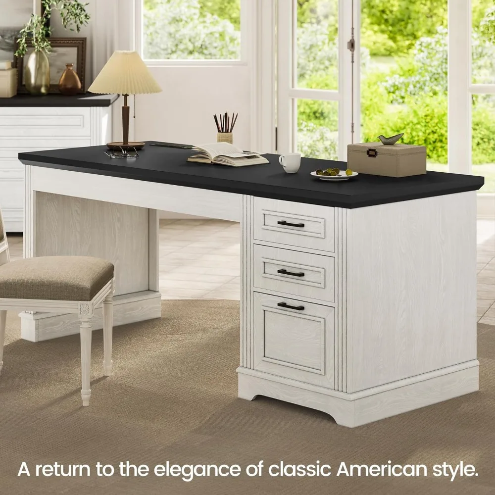 Farmhouse 55" Executive Desk, Computer Desk with Storage Drawers and Power Outlet, Home Office Desk, Workstation for Office Home 3
