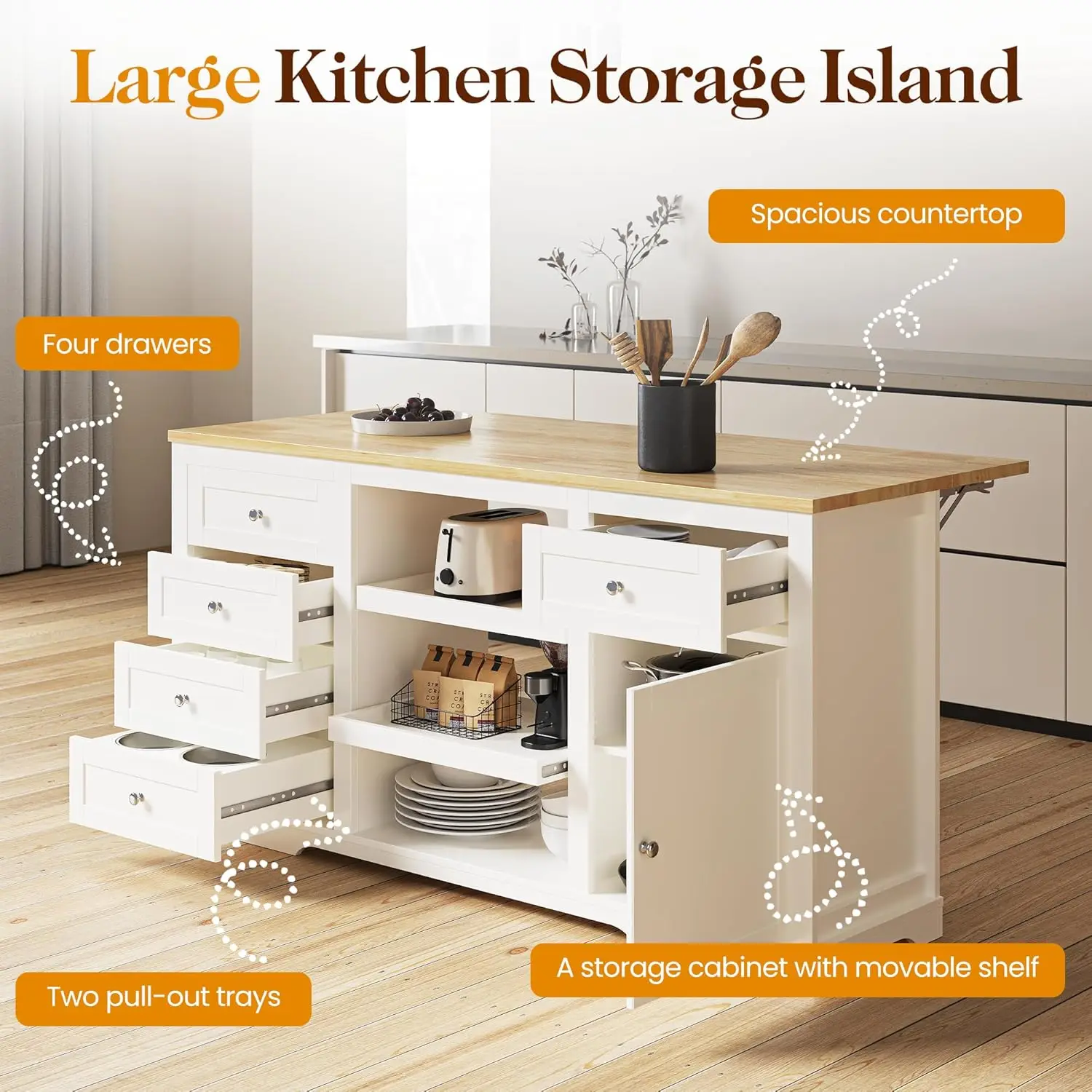 59 Inch Large Kitchen Island with Power Outlet, Farmhouse Thick Table Top Drawer, Organized Storage Space with Rubber Wood 4