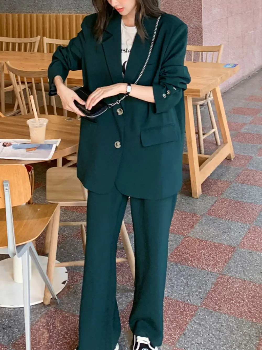 Women's 2023 Fashion New Single Breasted Loose Dark Green Blazer Set Female Jacket+Casual Wide-Leg Pants Suit Outerwear Outfit