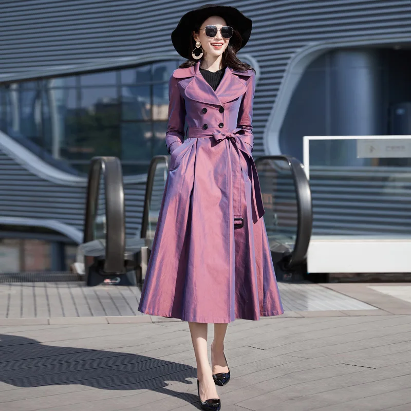 Trench - Abito lungo da donna, per autunno e autunno, elegante, con collo a risvolto, a maniche lunghe, slim fit, doppio petto, abito da buisness, abito da montagna, giacca a vento