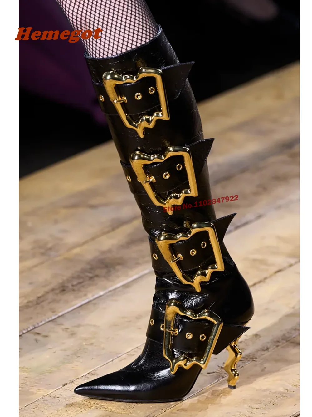 

Punk Motorcycle Boots Rivet Metal Buckle Short Booties Irregular Heel Pointed Long Boots Strange Style Black Glossy Newest Shoes