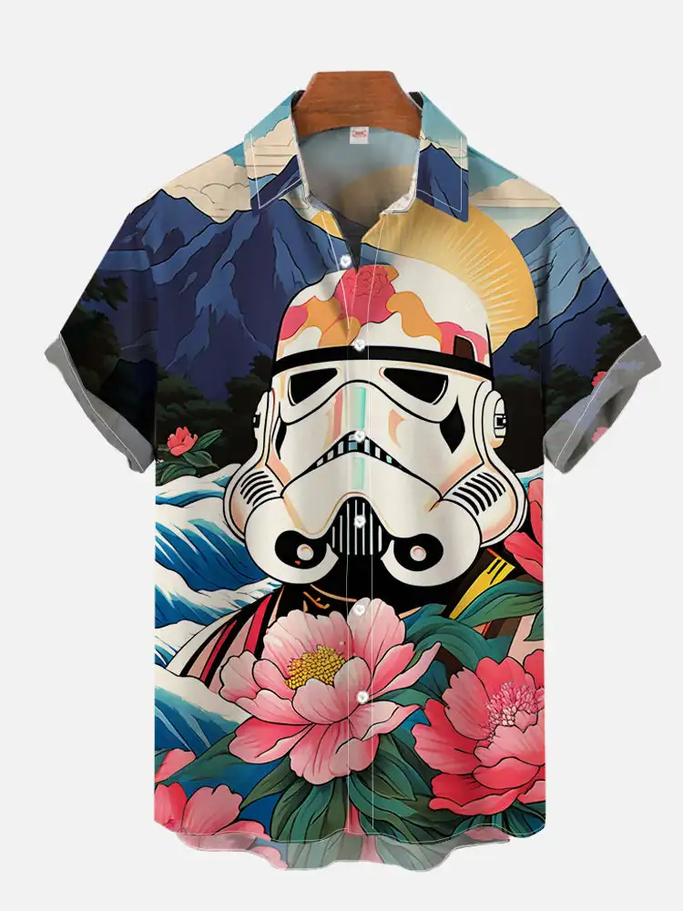 thumbnail image 1 of Camisa hawaiana de manga corta con cuello vuelto, estampado floral tropical Ukiyo-E y ciencia ficción, estilo informal, 2024, 1 of 5