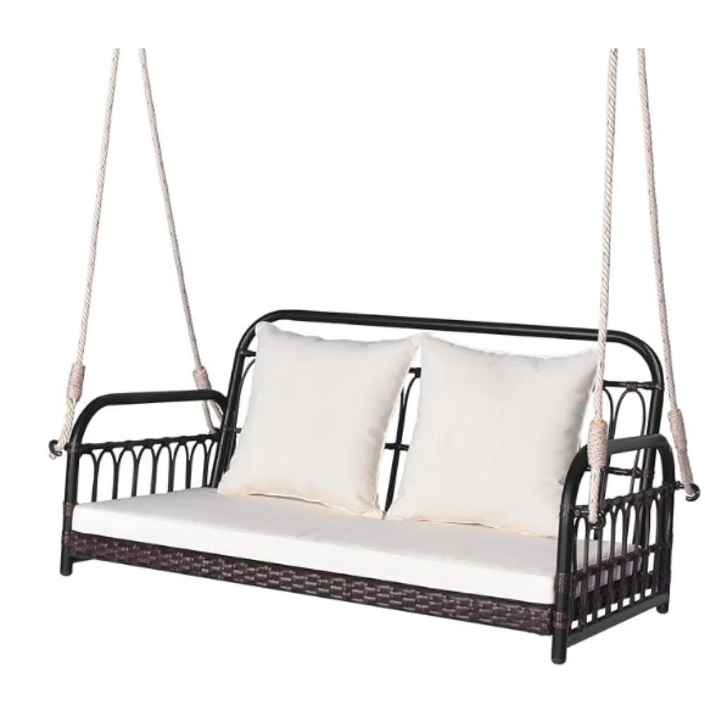 Wicker Porch Swing, 2-Person Outdoor Patio Hanging Chair with Cushions, Metal Frame, Hanging Swing Bench with Ropes 6