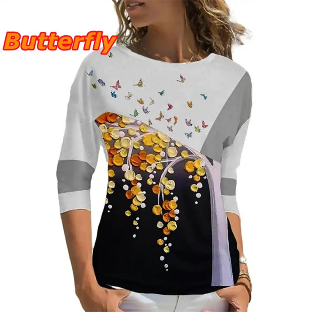 2022 New Spring Autumn Women's Fashion Loose Casual Floral Print Long Sleeve Floral Print Round Neck Autumn Tshirt Tops Blouses mens graphic tees