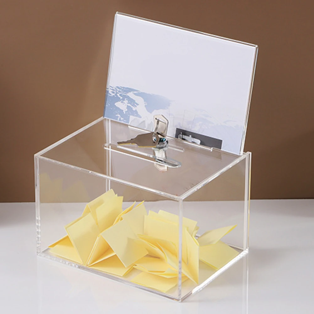 Acrylic Donation Box with Lock and Sign Holder Raffle Ticket Container Clear Ballot Box for Voting Charity Ballot Suggestions