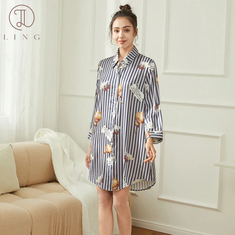 

Ling T Shirt Collar Robe Pajamas Striped Women's Slip Dress Silk Sleepwear Dresse Slip Dress Sleepwear Robe Night Gowns