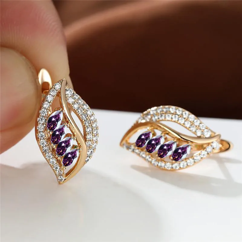 Cute Female Gold Color Wedding Hoop Earrings Pink Zircon Crystal Small Stone Leaf Wedding Jewelry For Women
