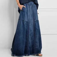 Women Denim Long Skirts Loose A Line Elastic High Waist Skirt Solid Pockets Jeans Casual Elegant Office Lady Autumn 2024 - Image 6